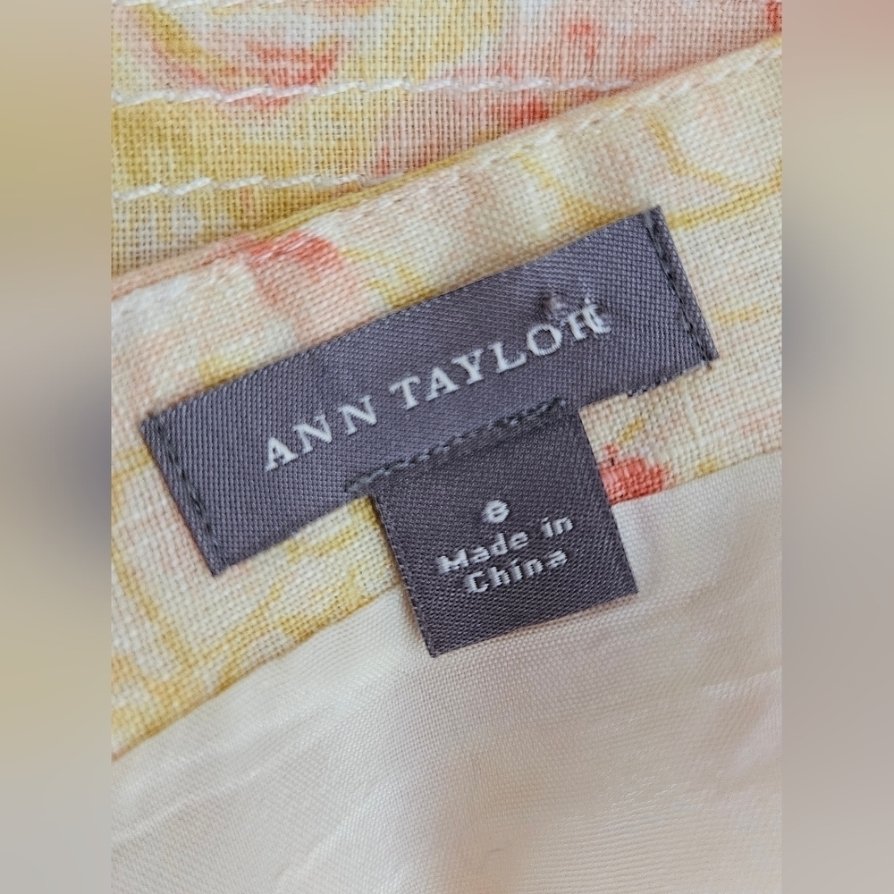 Ann Taylor Linen Pink Yellow Pastel Floral Pleated Detail Midi Dress-Size 8 - Picture 5 of 5